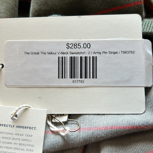 The Great The Velour Vneck Sweatshirt Army Pin Stripe Top Sz 2 Medium NEW - Picture 9 of 14